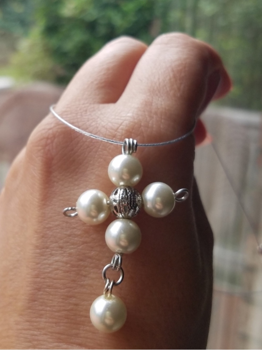 Cream Off-White Faux Pearl Cross Choker Necklace on Wire - Handmade NEW